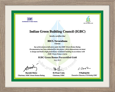 IGBC Certificate to BBCL Navarathina - Top builders in Chennai
